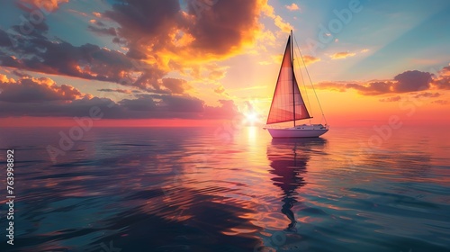 Sailboat sailing under a fiery sunset sky - A sailboat on a calm ocean with vibrant, fiery colors of sunset reflecting on the water’s surface © Mickey