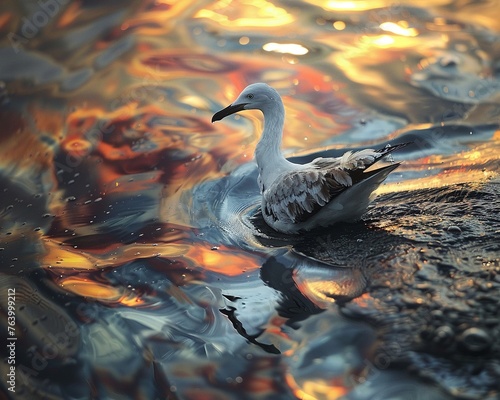 Seabirds in oil slick, struggling for survival, dawn light, tragic, sticky sheen photo