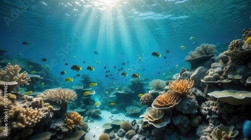 Sunbeam Illuminated Coral Reef: A Tranquil Underwater Haven Teeming with Sea Life © Artwork Vector