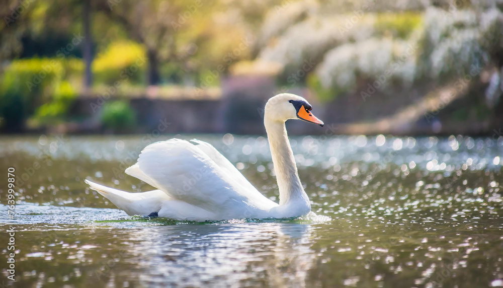 Fototapeta premium White swan swimming in river or pond. Beautiful bird. Natural background.