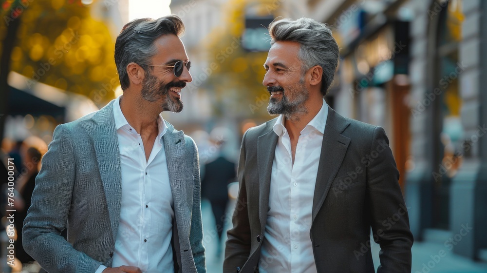 Two Businessman Chatting Whilst Crossing Street downtown Two Businessman Chatting Whilst Crossing Street downtown