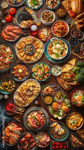 a panoramic view showcasing iconic dishes from various cuisines around the world Include landmarks symbolizing each countrys culinary heritage Stir viewers wanderlust for culinary adventures!