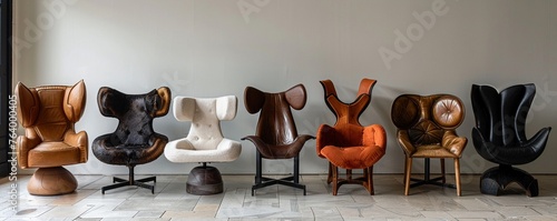 Craft a line of chairs that embody diverse human emotions in a striking side view arrangement Clarity in design is key - each chair should powerfully convey sentiments like love, fear, anticipation, o photo