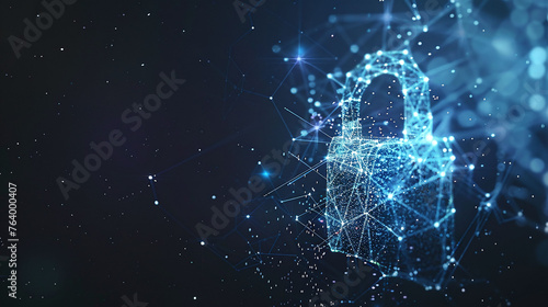 Digital cybersecurity concept with glowing padlock icon in cyber space. Data protection and encryption technology background. Design for web banner, advertisement, or tech presentation