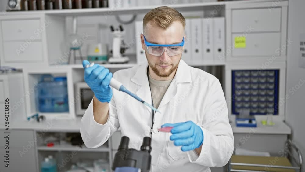 Handsome man in lab coat conducting an experiment in a scientific laboratory with microscope and blue gloves Handsome man in lab coat conducting an experiment in a scientific laboratory with microscope and blue gloves