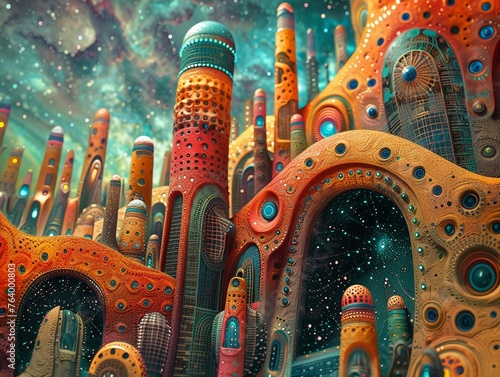Design an eye-catching image showcasing a futuristic cityscape merging elements of Earth and alien civilizations Use vibrant colors and intricate details to illustrate the positive outcomes of cultura photo