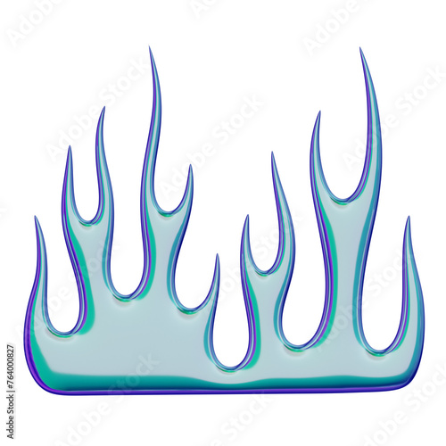 3D flame. Trendy Y2K element. Iridescent colorful burning fire shape with glossy gradient effect. 3D render. Isolated illustration.