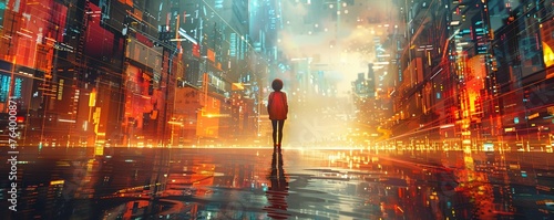Explore the concept of a simulated reality by creating an image with a tilted angle view of a person staring at glitching surroundings, questioning the nature of existence Use futuristic elements to c