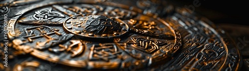 Focus on the intricate carvings and symbols adorning a Viking shield, telling stories of victories and legends from ancient voyages Highlight the craftsmanship and artistry of this essential tool for 