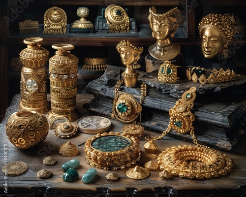 Illustrate the allure of gold with a mesmerizing birds-eye view showcasing diverse art forms and exquisite jewelry pieces Highlight the richness of history and craftsmanship, perfect for high-end publ photo