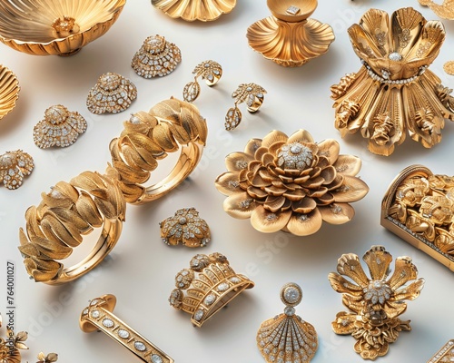 Illustrate the allure of gold with a mesmerizing birds-eye view showcasing diverse art forms and exquisite jewelry pieces Highlight the richness of history and craftsmanship, perfect for high-end publ photo