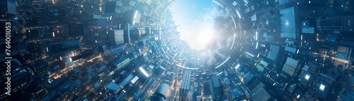 Imagine a world where our reality is a simulation on a quantum computer Design a futuristic cityscape from a worms-eye view Include holographic buildings, digital landscapes, and advanced technology t photo