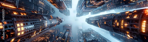 Imagine a world where our reality is a simulation on a quantum computer Design a futuristic cityscape from a worms-eye view Include holographic buildings, digital landscapes, and advanced technology t