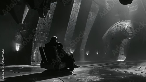 A lone king ruling alone in his dark fantasy chamber sitting on a marble throne photo