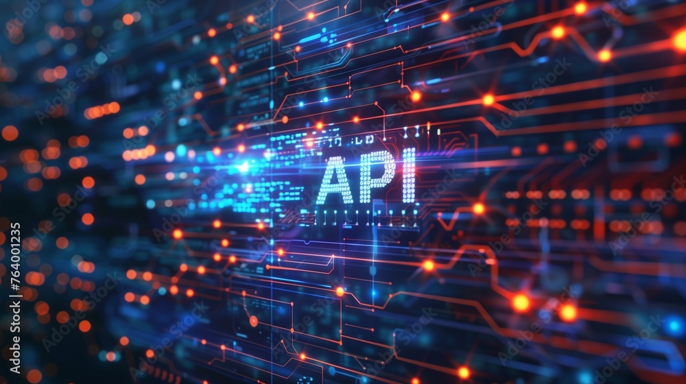 API concept featuring the letters API displayed, surrounded by luminous lines and set against a futuristic, abstract technology-inspired backdrop, symbolizing connectivity and software integration. API concept featuring the letters API displayed, surrounded by luminous lines and set against a futuristic, abstract technology-inspired backdrop, symbolizing connectivity and software integration.