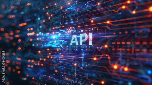 API concept featuring the letters API displayed, surrounded by luminous lines and set against a futuristic, abstract technology-inspired backdrop, symbolizing connectivity and software integration.