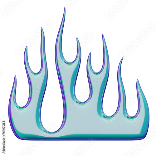 3D flame. Trendy Y2K element. Iridescent colorful burning fire shape with glossy gradient effect. 3D render. Isolated illustration.
