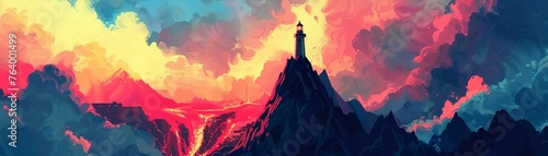 A wizard stands atop a lighthouse, casting spells as lava flows from a nearby volcano, blending light, magic, and fire, Pop art