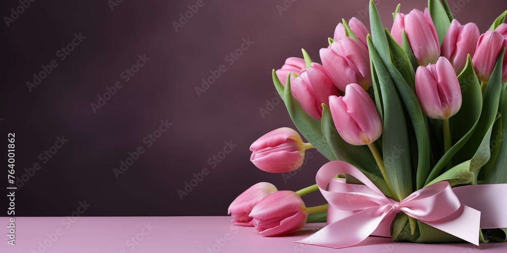 Obraz premium Light background, beautiful bouquet of pink tulips.