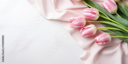 beautiful bouquet of pink tulips on a light background, vd from above, space for text, Generative AI