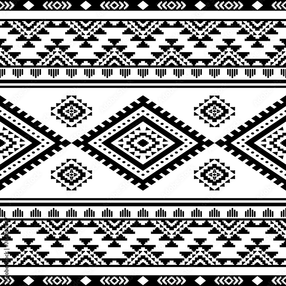 Fototapeta premium Navajo southwest geometric seamless pattern fabric black and white design for textile printing