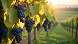 Sunset Harvest: Ripe Grape Clusters in a Lush Vineyard