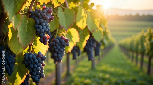 Sunset Harvest  Ripe Grape Clusters in a Lush Vineyard