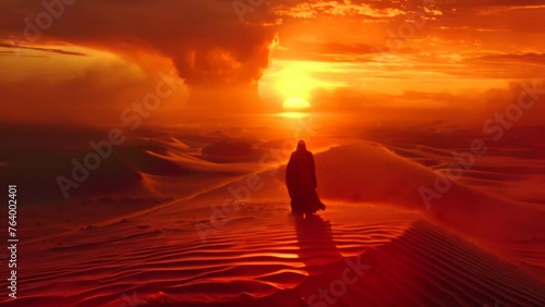 Lonely person standing on the sand dunes watching the sunset in the desert animation photo