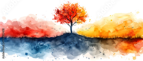 A stunning image representing an autumn tree with vibrant red  orange  and yellow hues depicted in a watercolor style reflecting off water