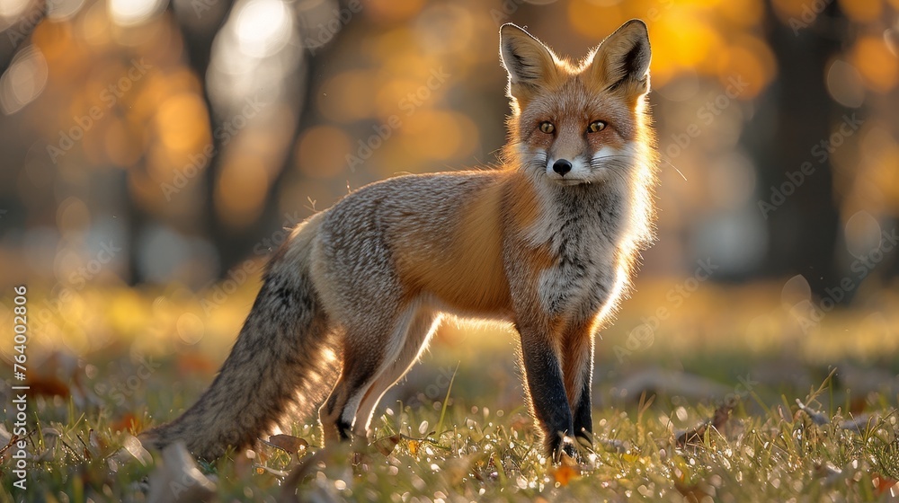 Fototapeta premium Urban Fox: Wildlife Prowling in City Park at Dusk