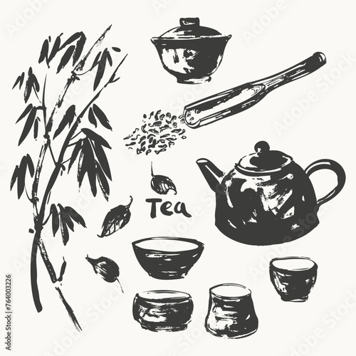 Hand drawn ink sketch of teapot, cups, bamboo, leaves, scoop traditional japanese sumi-e style.