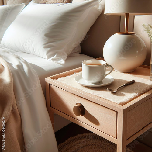 a bed with a bedside table