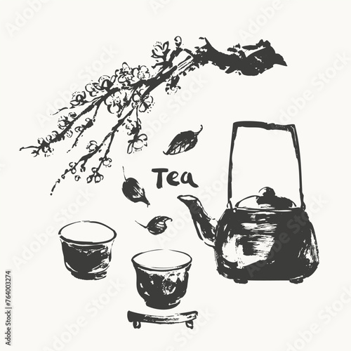 Hand drawn ink sketch of teapot, cups, plum blossom, leaves traditional japanese sumi-e style.