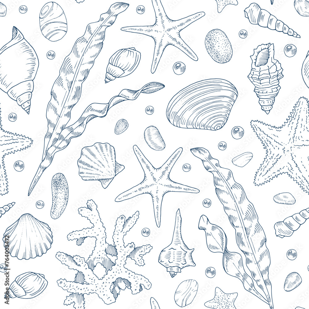 Sea Vector seamless Pattern. Outline illustration of seashell and starfish Background. Black and white line art. Hand drawn graphic sketch of coral and algae. Linear print drawing Sea Vector seamless Pattern. Outline illustration of seashell and starfish Background. Black and white line art. Hand drawn graphic sketch of coral and algae. Linear print drawing