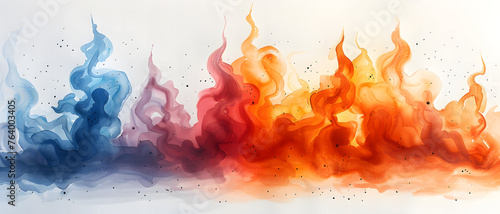 An abstract representation of fiery warm and cool blue waves in watercolor style, symbolizing balance and duality photo