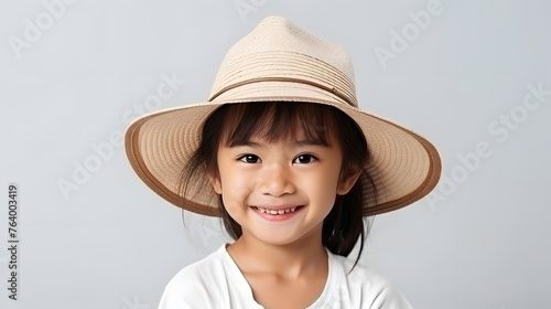 portrait of a little Asian tourist girl on a studio background