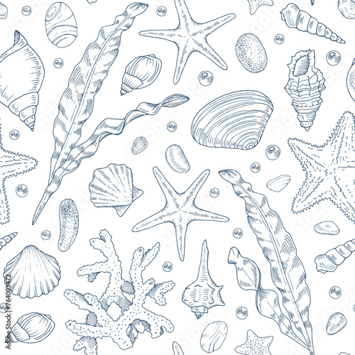 Sea Vector seamless Pattern. Outline illustration of seashell and starfish Background. Black and white line art. Hand drawn graphic sketch of coral and algae. Linear print drawing