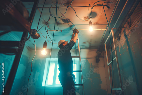 Electrician worker installing electric lamps light inside apartment. photo