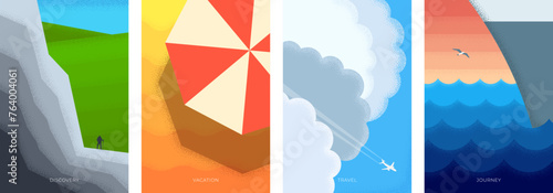 Abstract retro minimal summer travel poster. Vintage print cruise ship at sea and bird. Beach umbrella on sand background and tourist vacation hike mountain. Plane fly in sky trendy minimalist placard
