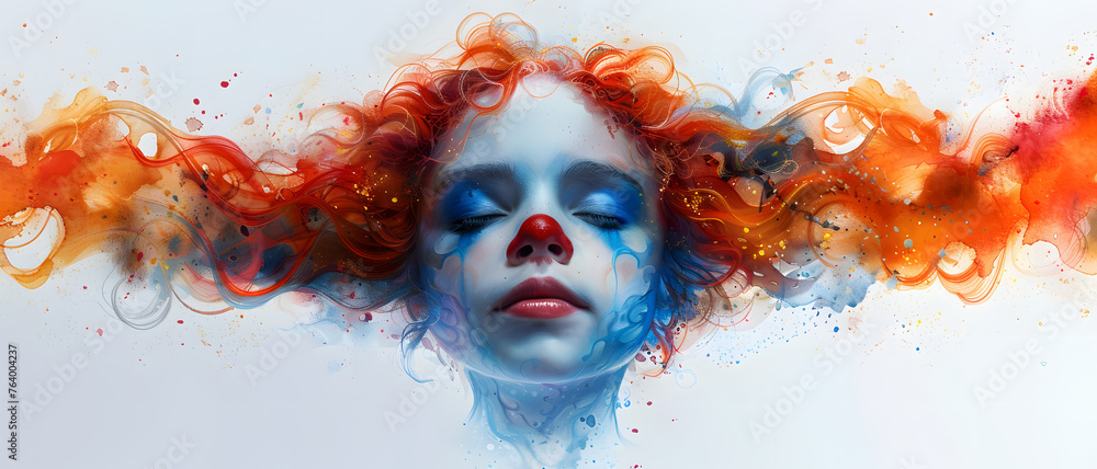 Surreal image of a woman with abstract colorful swirls around her head, evoking fantasy and creativity