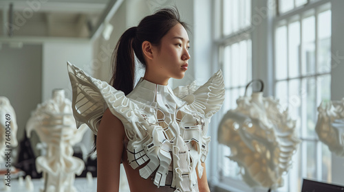 3D printing in fashion design. A charming model in clothes printed on a 3D printer