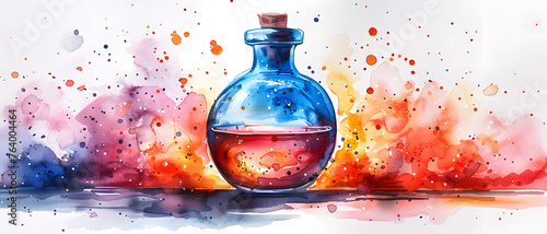 A striking image showcasing a potion bottle amidst a dynamic explosion of watercolor splashes, symbolizing creativity and magic photo