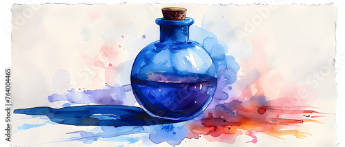 An artistic representation of a blue potion bottle set against a serene watercolor background reflecting serenity and freshness