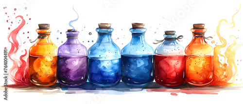 A vibrant watercolor illustration featuring a row of colorful potion bottles, evoking a sense of discovery and variety