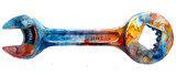An artistic rendition of a wrench in vibrant watercolors, showcasing a mix of blue and orange hues