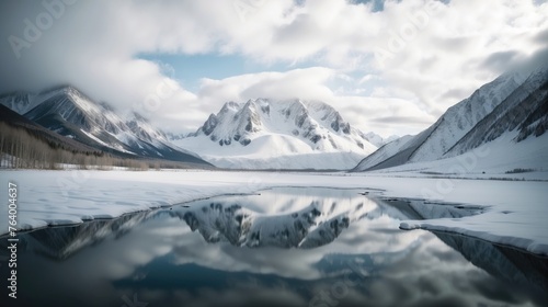 Serene Symmetry: Snow-Capped Peak Reflecting on a Mountain Lake