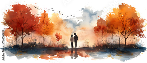 A painting depicting a loving couple surrounded by vibrant autumnal trees, with a watercolor reflection, representing romance