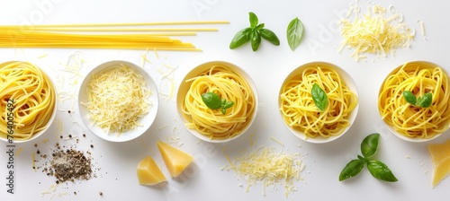 Delicious spaghetti dishes with various pasta shapes and sauces on white background with text space