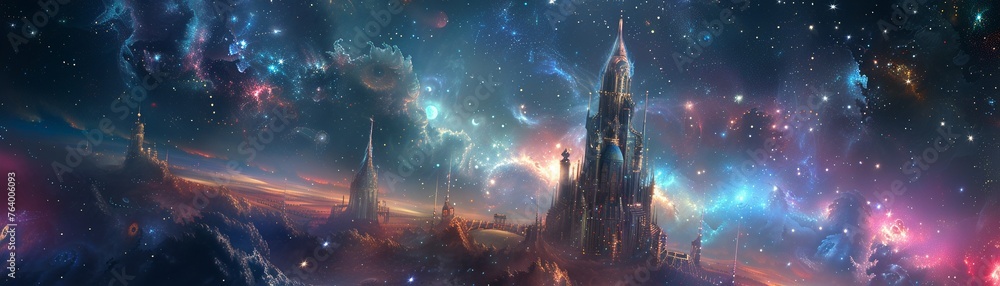 Exploration of a dreamlike universe where majestic castles float among cosmic nebulas and starry skies - obrazy, fototapety, plakaty 