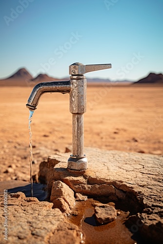 Faucet in the desert. Lack of water and climate change concept. Ai Generative